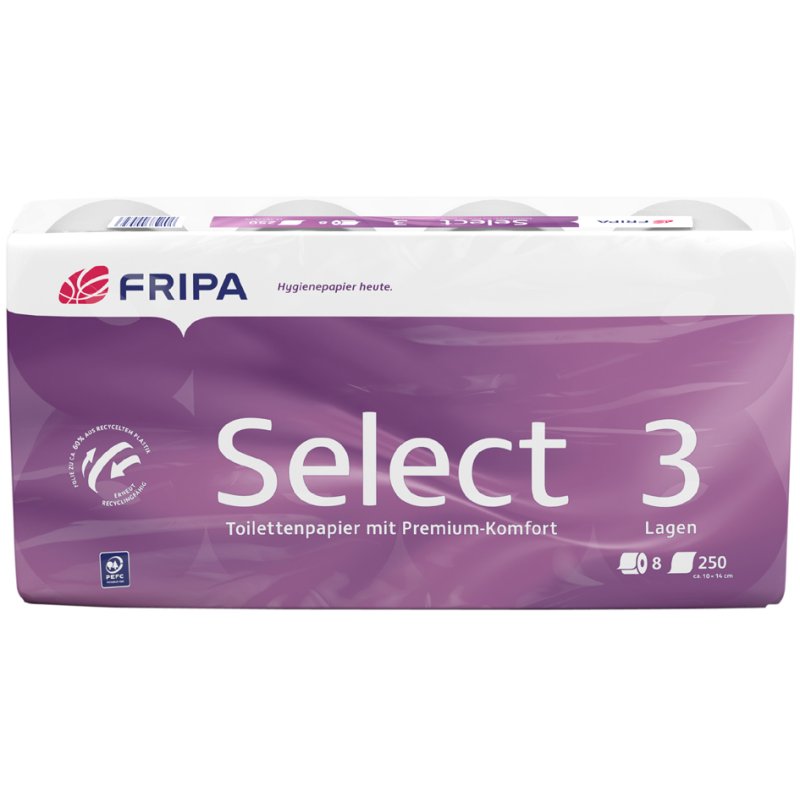 fripa papier toilette Select, 3 épaisseurs, blanc pur, 8 rouleaux